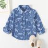 Amazon comercio exterior transfronterizo fábrica ropa de niños 2021 primavera nuevo camisa de mezclilla de dinosaurio de dibujos animados de manga larga para niños
