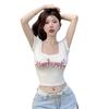 Top Corto de Modal con Estampado de Letras Bajo Escote Verano Mujer Cuello en U Ajustado Dulce Chica Picante Camiseta Americana de Manga Corta