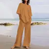 Conjunto de 2 piezas para mujer de moda 2024 Verano Casual Cinturón Bolsillo Conjunto Manga Media Cuello O Top y Pantalones de Pierna Ancha