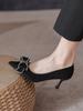 Lindos Sapatos Elegantes Estilo Deusa com Laço de Strass Preto de Boca Baixa Camada Única Moda Versátil Não Cansativos Sapatos de Salto Alto Novos