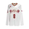 Camiseta de Manga Larga de Malla con Cuello en V Diseño Retro Americano para Mujer Otoño Holgada Casual Ropa Deportiva Top