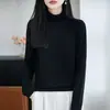 Suéter de punto de manga larga con cuello alto 100% algodón para el trabajo, elegante, verde, casual, versátil, prenda básica