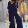 Em estoque cross-border Amazon AliExpress estação independente 2025V gola morcego manga casual solto calças de perna larga terno feminino