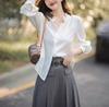 Camisa siciliana-Camisa elegante francesa con cuello mao diseño para mujer moda chic top de manga larga con oreja de madera
