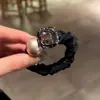 Novo elástico de cabelo estilo coreano quadrado com strass e pérolas, corda de cabelo para rabo de cavalo de alta qualidade, corda de cabelo da moda para rabo de cavalo com temperamento