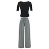 Estilo puramente seductor, escote corazón fruncido tridimensional, camiseta corta de manga corta + pantalones anchos holgados con caída natural, conjunto para mujer