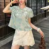 Top Corto Tejido de Terciopelo Burnout Seda Perlada Dorada Solapa Oblicua 2026 Moda Retro Floral Temperamento Camisa