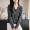 Suéter de punto estilo francés con cuello en V, cintas y pedrería para mujer, tejido fino, ligero, elegante, rejuvenecedor, capa base versátil