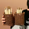 Tubo de Armazenamento para Pincéis de Maquiagem de Rattan de Imitação Retrô Porta-Canetas Caixa Organizadora Rack de Armazenamento para Lápis de Sobrancelha Cosméticos de Mesa