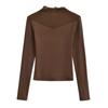 Chicas guapas europeas y americanas primavera chicas guapas estilo sexy elegante cuello alto medio costuras malla manga larga camiseta base ajuste ceñido adelgazante T