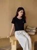 Camiseta versátil de algodón puro con estampado bordado, cuello redondo, hombros normales, manga corta, para mujer, estilo nuevo de verano, ajuste slim, top básico transpirable