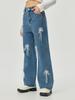 Plataforma Independiente Transfronteriza Europea y Americana Ropa de Mujer de Mezclilla Estilo Ins Decoración de Perlas y Mariposas Pantalones Largos Rectos Sueltos Jeans para Mujer Alto