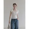 Blusa Cuadrada de Encaje Francés Patchwork LiL para Mujer, Nuevo Estilo de Verano con Cuello Drapeado y Mangas de Socket de 1/4 de Pulgada