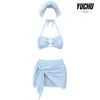 2026 Novo Biquíni Duas Peças Listrado Azul e Branco com Decote Halter Conjunto de Quatro Peças Saída de Praia Férias na Praia Desejo Puro Roupa de Banho para Fonte Termal
