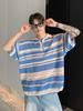 2025 Camisa Polo de Punto con Cuello Americano Retro Rayas Cortadas Contraste Holgada Verano Nueva Camiseta de Manga Corta