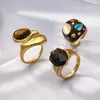 Anillo Abierto Estilo Lujo Ligero Transfronterizo Europeo y Americano con Goteo de Aceite Negro, Conjunto de Anillos Personalizados con Piedra de Ojo de Tigre, Acero Inoxidable Oro 18K
