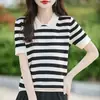 Nueva Camiseta de Punto con Cuello Polo de Color Bloque Rayado Estilo Coreano de Manga Corta para Mujer Chaqueta Top para Mujer