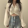 Chic Coreano2026 Primavera/Verão Design Estilo Francês Amarração nas Costas Laço Cropped Camisa