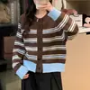 Cárdigan de Punto Rayas Bloque de Color Retro Cuello Redondo 2026 Otoño/Invierno Nuevo Suéter Adelgazante Manga Larga Abrigo para Mujer Top Tendencia
