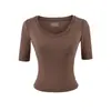 Camiseta de estilo americano picante para mujer, cuello redondo, manga media, estilo simple de verano, corte ajustado, expone la clavícula, cintura alta, top corto