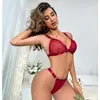 Conjunto de Lencería Sexy de Malla Transparente para Mujer, Sujetador de Copa Triangular con Aro Metálico Rojo y Tanga, Conjunto Erótico de Dos Piezas