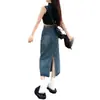 Saia jeans dividida de cintura alta para mulheres 2024 nova primavera e outono pequena saia em A vestido retrô bainha