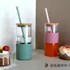 Copo de Palha com Tampa de Madeira de Bambu Copo de Água de Alto Borossilicato Exportação Personalizada Manga de Silicone Copo de Água