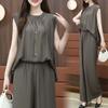 Moda para reducir la edad talla grande Holgado chica regordeta Chaleco sin mangas Conjunto de top Pantalones de pierna ancha Set de dos piezas Llegada nueva de verano Estilo occidental