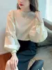 Camisa blanca holgada de estilo francés con mangas abullonadas para mujer, elegante, chic, diseño dulce, top de cuello redondo, estiliza y versátil