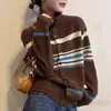 Cárdigan de Punto con Cuello Alto y Rayas Color Block Otoño e Invierno Suéter Abrigo de Manga Larga para Mujer Top Estilo Coreano Cárdigan de Punto para Mujer