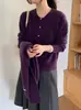 Cardigã Tricotado 100% Lã Pura com Gola Redonda e Botões Dourados para Mulheres, Casaco Suéter Outono e Inverno, Suéter de Lã Artístico Retrô