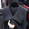 Chaleco de pico, cárdigan de punto sin mangas para hombre, chaleco casual de negocios para mediana edad y personas mayores, nuevo suéter de otoño e invierno para hombre