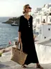 Vestido Cruzado Casual Estilo Europeu e Americano 2026 com Decote V Longo Fashionável, Solto e Elegante para Uso Diário e Férias