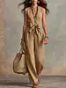 2026 Novo Conjunto Casual Transfronteiriço Europeu e Americano com Top Liso Sem Mangas com Laço em V e Calça de Cintura Marcada Wide-Leg para Mulheres