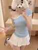 Camiseta de Manga Corta con Hombro Descubierto y Costuras de Color Contrastante Estilo Americano Spice Girl para Mujer, Verano, Ajustada, Adelgazante, Sexy, Prenda Exterior, Top Básico