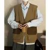 Chaleco de Trabajo Estilo Japonés para Hombre Primavera Retro Bolsillo Grande Abrigo Holgado Estilo Hong Kong Casual Sin Mangas Chaleco Cuello en V