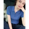 La blusa de verano Klein azul para mujer es extremadamente elegante, de estilo coreano, llamativa, adelgazante y una hermosa camisa de manga corta