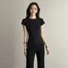Transfronterizo Verano 2026 Nuevo Estilo Camiseta de Manga Corta de un Solo Hombro para Mujer Cuello Redondo Negra Manga Media Ajustada Favorecedora Color Sólido Top Estilo Chica Picante