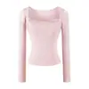 Camiseta de manga larga con ribete de encaje puramente sensual para mujer, nuevo estilo de otoño, cuello cuadrado, corte ajustado, top básico favorecedor, top pequeño