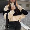 Suéter de Punto de Manga Larga Versátil con Bloques de Color, Estilo Perezoso Transfronterizo, Otoño e Invierno, Holgado, Adelgazante, Estilo Coreano, Top Corto Rayado para Mujer