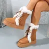 Botas de Nieve Gruesas de Suela para Mujer, Cierre de Cordones, Dobladillo de Piel Sintética con Forro de Terciopelo, Botas de Algodón a Media Pantorrilla, Botas de Piel Cálidas de Talla Grande de Comercio Exterior