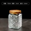 Pote Selado de Vidro Embossado Esculpido Pote de Armazenamento de Vidro Transparente Pote de Armazenamento para Cozinha Tampa de Madeira à Prova de Umidade 750ml