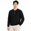 Suéter de punto acanalado vertical con cuello Henley para hombre estilo Old Money, top de manga larga de corte relajado, ropa casual para hombre, adecuado para el trabajo o como capa base.
