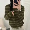 Cárdigan de Punto Calado a Rayas Estilo Coreano para Mujer, Suéter Abrigo Delgado Versátil de Manga Larga, Top Delgado de Otoño Temprano con Sentido del Diseño
