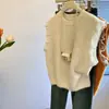 Suéter top casual estiloso de gola redonda solto para outono e inverno, colete de tricô sem mangas com retalhos de renda vintage para mulheres