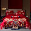Algodão de fibra longa casamento quatro peças grande vermelho algodão casamento algodão alta qualidade dragão chinês e fênix bordado roupa de cama