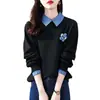 2023 Primavera Nueva Moda Sudadera de Solapa de Material en Contraste para Mujer Manga Larga Hombro Caído Recta Casual Temperamento Sudadera Trendy