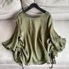 Verão 2026 Novo Estilo Linho Fino Pulôver Manga Curta Manga Flare Proteção Solar Camisa T-Shirt para Mulheres Atacado H19Bt919