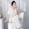Pijama Feminino Novo Estilo Primavera e Outono com Grade de Quatro Linhas, Conjunto de Roupa de Casa de Manga Curta e Calça Longa de Verão, Tamanho Grande, Solto
