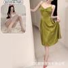 Vestido Retrô Verde Estilo Francês com Amarração Casual nas Costas, Saia Sexy com Textura de Alta Qualidade para Usar em Casa